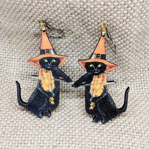 Black Cat Earrings / Violin Cat Witch Earrings / Laser Cut Wood Earrings / Lucky Earrings / Halloween Jewelry Earrings / Witch Hat Earrings