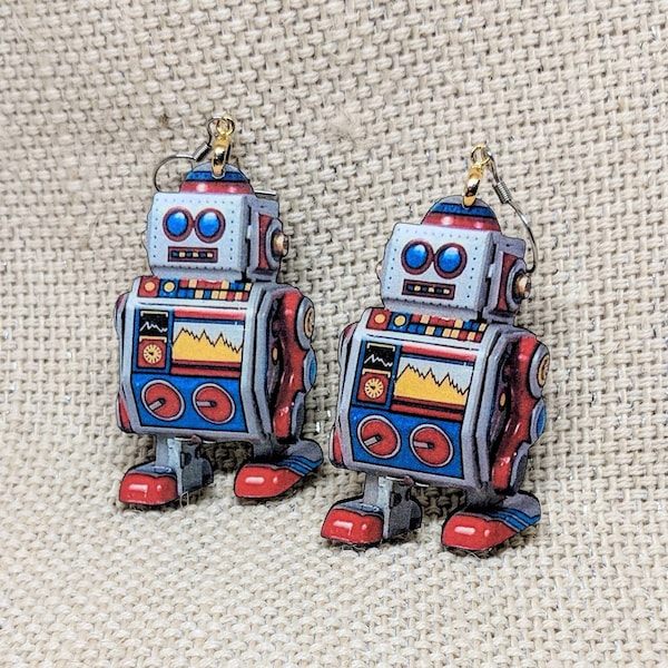 Toy Robot Earrings / Handmade Wood Earrings / Handmade Jewelry / Retro Robot / Vintage Robot / Hypoallergenic / Laser Cut Wood