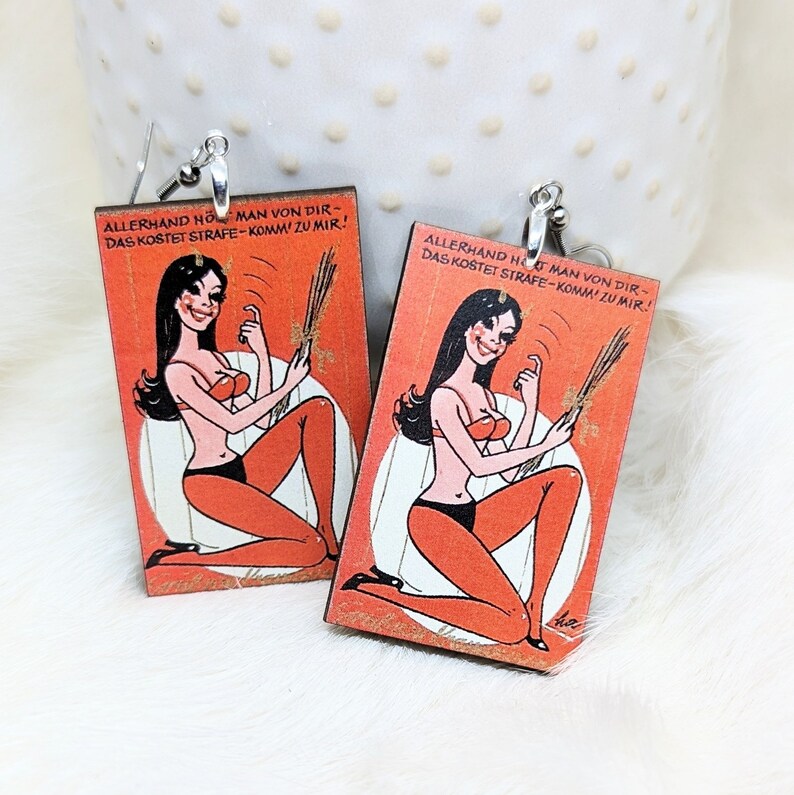 Vintage Valentine Earrings / Galentine's Day Gift / Sexy Valentine / Creepy Valentine Jewelry / Lady Krampus Valentine Gift / Weird Earrings image 2