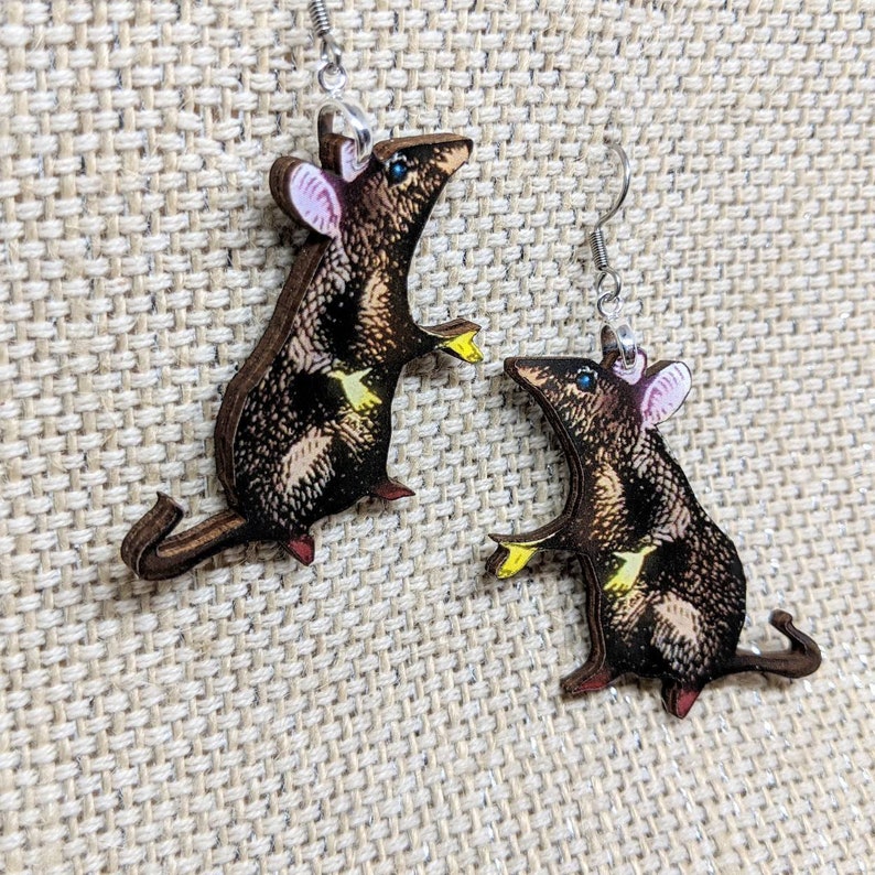 Rat Earrings / Pet Rat Jewelry / Laser Cut Wood Handmade Jewelry / Animal Earrings / Weird Earrings / Rat Fan Gift image 2
