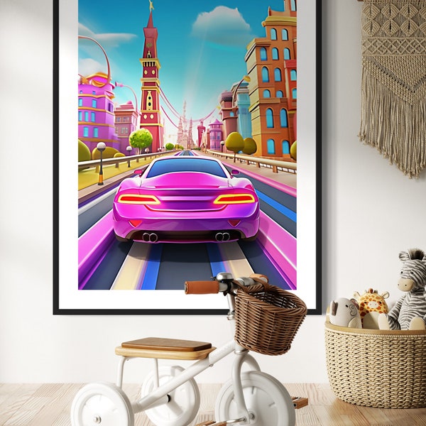 Purple Vroom,speed car poster,racing car image,adventure print,dynamic kids image,fun colourful illustration,turbo car artwork,race print