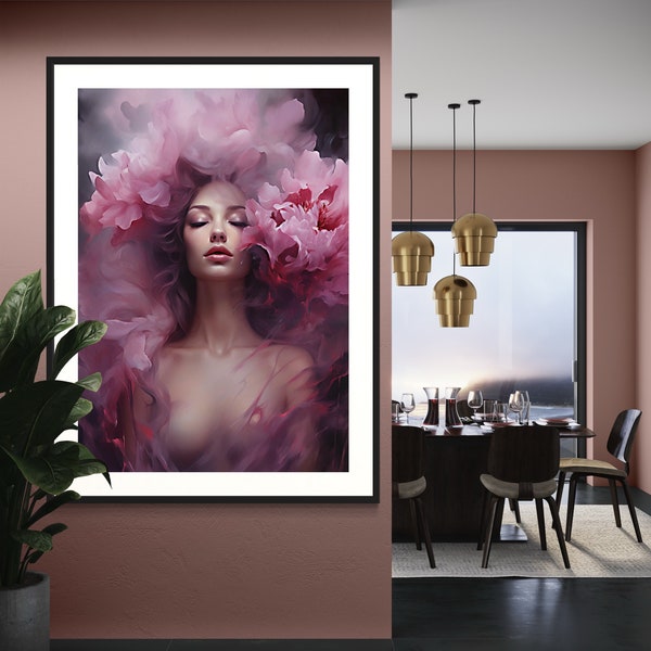 Blossoming Beauty watercolour style art poster,feminine artwork,floral women portrait,purple flower feminine print,floral illustration