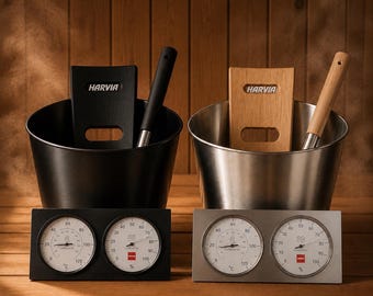 Luxury Sauna Bucket and Ladle Set – Black or Stainless Steel Sauna Accessories – Modern Finnish Sauna Gift