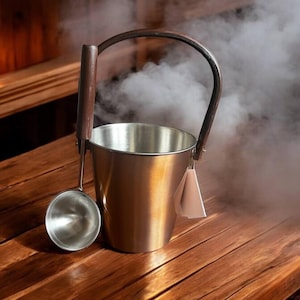 Sauna Bowl and Ladle Set – Stainless Steel with Copper Plating, Black Wooden Handle, 5L Bowl, 45cm Ladle, Fathers Day Gift, Sauna Gift Set
