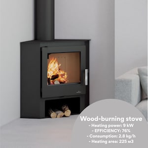 Compacte houtkachel voor kleine ruimtes | Hoekfornuis van 9 kW | Gietijzerstaal | Milieuvriendelijke verwarming | Efficiënte verwarming voor woningen