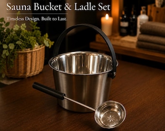 Black Sauna Bucket and Ladle Set – Stainless Steel Insert – Modern Sauna Accessories – Finnish Sauna Water Bucket – Black Metal Sauna Set