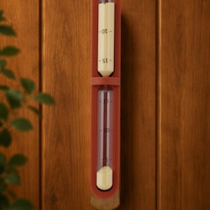 May include: A red and clear hourglass with white sand, designed to measure 15 minutes. The hourglass is encased in a red frame and has a wooden base. The numbers 5, 10, and 15 are printed on the glass.