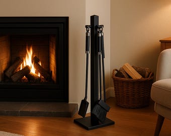 Conjunto de 4 peças de ferramentas para lareira em aço preto – Acessórios modernos para lareira