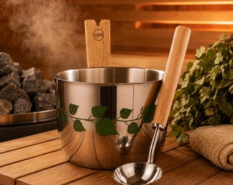 Seau de sauna en acier inoxydable et louche en bois | Accessoires pour sauna finlandais | Seau en feuille de bouleau | Cadeau sauna | Décoration spa nordique