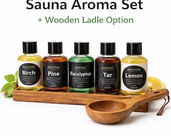 Sauna Aroma Set, Sauna Gift Set, 5 Scents 50ml, Wooden Stand, Optional Wooden Ladle, Finnish Sauna Oils, Spa Gift, Wellness Gift