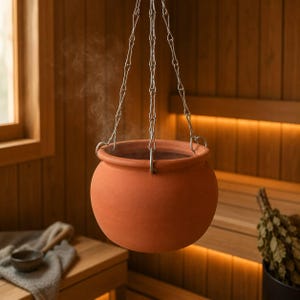 May include: A round, terracotta-coloured clay pot suspended by three silver-toned metal chains. The pot has a wide opening and a smooth, matte surface. Wisps of steam rise from the interior of the vessel, indicating heat within the container.