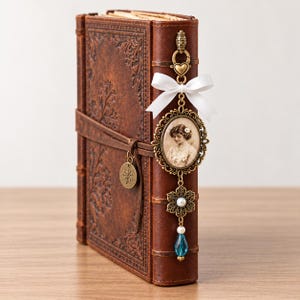 May include: A brown leather-bound journal with an embossed floral pattern and a leather strap closure featuring a small tree charm. The spine is decorated with a white ribbon bow, a vintage-style oval portrait pendant, a flower charm, and a blue bead.