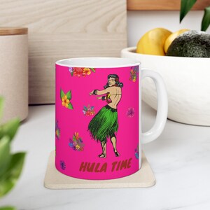 ALOHA HULA GIRL Retro Kitsch Mug, 11-oz Mug, Kitsch Hula Girl, Grass Skirt, Hawaii Decor, Hawaiian Mug, Aloha Hula Girl