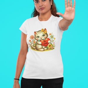 BE MINE Shirt, Cat Kitsch T Shirt, Retro Cat Heart Shirt, Cat Mom Shirt Floral Cat Shirt, Vintage Art Print Cat Pun Shirt, 50s 60s Nostalgia