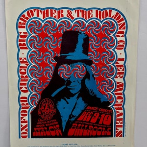 Pode incluir: Cartaz de concerto vintage para Big Brother & The Holding Company no Avalon Ballroom. O cartaz apresenta uma ilustração azul e preta de um homem com olhos em espiral, um chapéu alto e o texto "Oxford Circus".