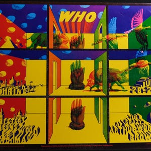 Pode incluir: Um cartaz psicadélico anunciando um concerto dos The Who com as bandas de apoio The Shrine, The Crazy World of Arthur Brown e The Electric Flag. O cartaz apresenta um design abstrato e colorido com uma mão a sair de uma porta.