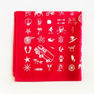 Useful Gift, Bandanas for Men, Hand Printed Red Bandana, Big Fun Design, Gift for Gardener, Bandanas for Women, Cotton Scarf