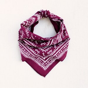 Made in USA Bandana for Women and Men, Wine Colored Scarf, Geometric Diamond Pattern, 100% Cotton, Chef Gift, Outdoors Gift, Screen Printed