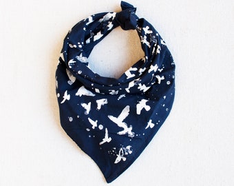 Bird Lover Gift, Navy Bandanas for Women and Men, Made in USA, Hand Printed Textile, Unisex Cotton Scarf