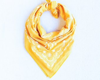 Yellow Bandana, Bandana for Women, Hand Printed Bandana, Made in USA, Four Elements Design, Bandana for Men, 100% Cotton, Sturdy and Soft