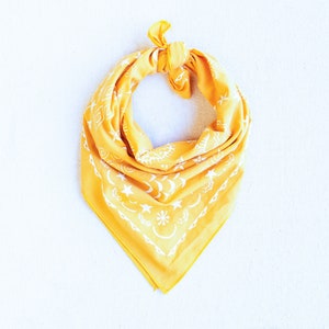 Yellow Bandana, Bandana for Women, Hand Printed Bandana, Made in USA, Four Elements Design, Bandana for Men, 100% Cotton, Sturdy and Soft