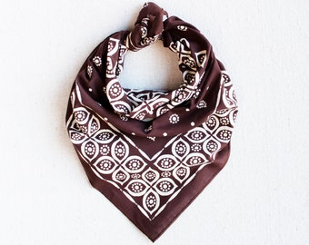 Brown Bandana with a Paisley Print, Hand Printed Bandana for Women and Men, Eye Motif, Made in USA, Made from Tightly Woven Cotton Fabric