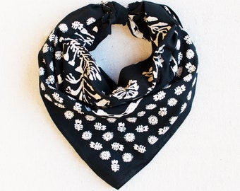 Black Bandana for Men and Women, Floral Print Scarf, Made in USA from Tightly Woven Cotton Fabric, Screen Printed Square Scarf, Headband