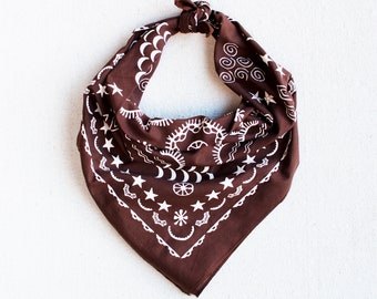 Brown Bandana for Women and Men, Hand Screen Printed, 100% Cotton, Square Scarf,  Made in USA, Four Elements Design