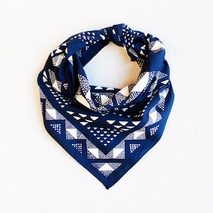 Blue Bandana, Made in USA, Geometric Scarf, Hand Printed, Hiking Gift, Bandanas for Women, Quilt Pattern, Useful Gift for Men