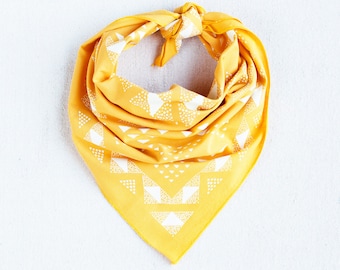 Yellow Bandana, Bandana for Women, Geometric Print Scarf, Hand Printed Bandana, Bandana for Men, Quilt Pattern, 100% Cotton, Made in USA