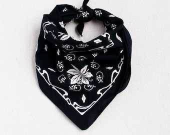 Made in USA Bandana, Black Cotton Scarf, Botanical Pattern, Bandanna for Women, New Leaf Design, Useful Gifts for Him