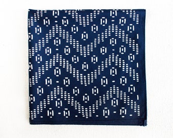 Gifts for Him, Navy Bandana, Zig Zag Design, Geometric Scarf, Hand Printed, Hiking Gift, Bandanas for Women