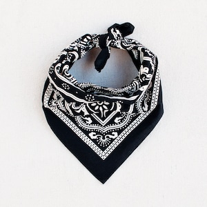 Black Bandana for Women and Men, Classic Bandana Design, Gift for Gardener, Tightly Woven Cotton Fabric Scarf, Hand Printed Bandanna