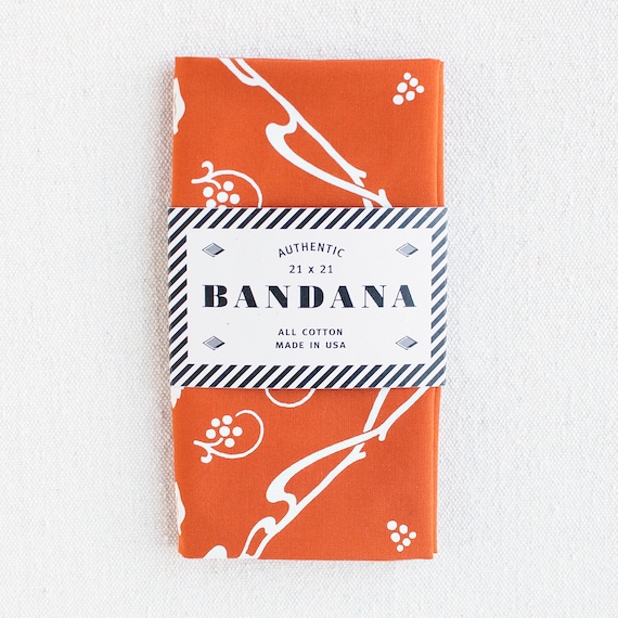 Hand Printed Orange Bandana, New Leaf Print, 100 % Cotton