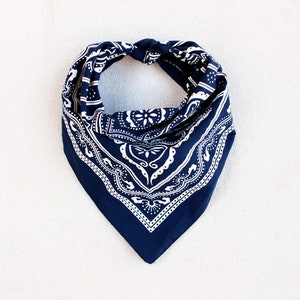 May include: A navy blue bandana with a white paisley pattern. The bandana is folded into a triangle shape and tied at the top.
