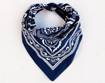 Navy Classic Made in USA Bandana, Hand Printed, 100% Cotton, Old Timey Design, Useful Gift for Hiker, Chef, Medium Weight
