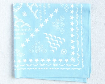 Light Blue Bandana, Four Elements Design, Bandana for Women and Men, Hand Printed, Made in USA, 100% Cotton Square Scarf