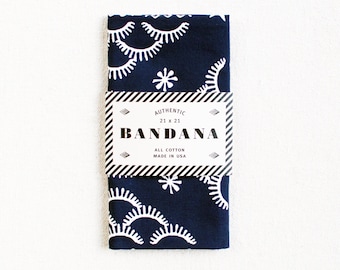 Hand Printed Bandana, Navy Blue, Elements Design, Gift for Gardener, Bandanas for Women, Bandanas for Men, Cotton Scarf, Made in USA