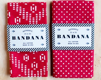 Hand Printed Bandana Set of Two, Zig Zag Polka Dot Set, Bandanas for Women and Men, 100% Cotton, Made in USA, Unisex Scarf, Choice of Color