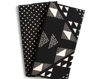 Set of Two Black Bandanas, Geometric Design, Hand Printed Bandanna, 100% Cotton Scarf, Gift for Men and Women, Dot Pattern, Quilt Pattern