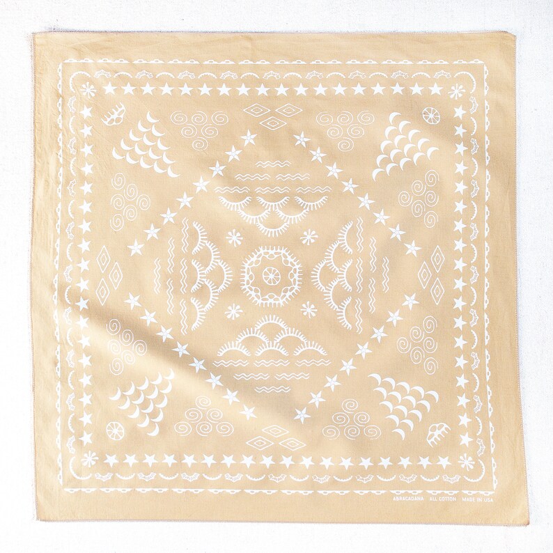 Hand Printed Bandana, Sand Color, 100% Cotton Scarf, 21 x 21, Made in USA, Screen PrintedBandanas for Women and Men, Vintage Design image 1