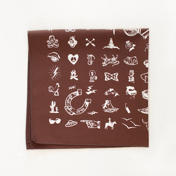 Brown Bandana for Men and Women, Fun Vintage Illustrations, Hand