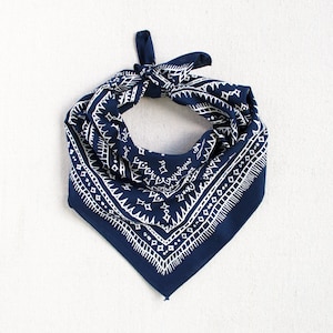 Navy Blue Bandana, Screen Printed, Geometric Diamond Pattern, Bandana for Women and Men, All Cotton Scarf, Utilitarian Gift, USA Made