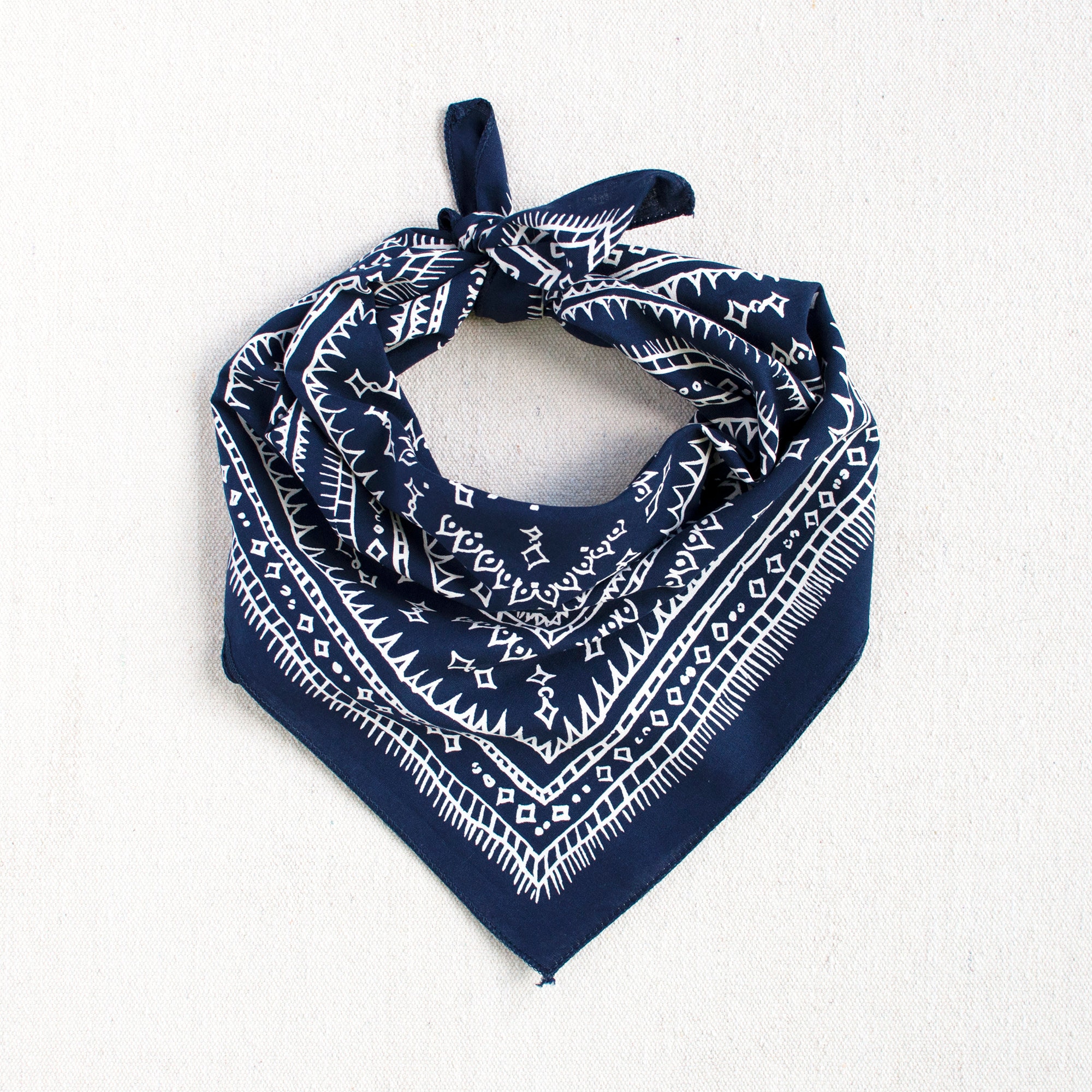 Navy Blue Bandana, Screen Printed, Geometric Diamond Pattern