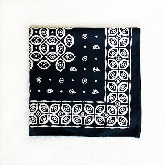 Black Paisley Bandana, Hand Printed Scarf, Tightly Woven Cotton