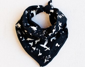 Bird Lover Gift, Black Bandanas for Women and Men, Made in USA, Hand Printed Textile, Unisex Cotton Scarf