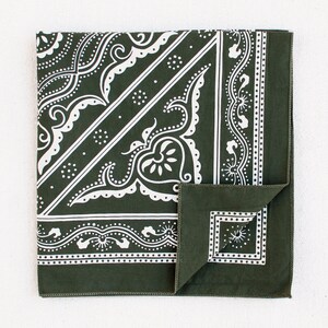 Olive Green Bandana, Classic Western Print, Hiking Accessory, Bandanas for Women and Men, Chef Gift, 100% Cotton, Made in USA, Useful Gift image 2