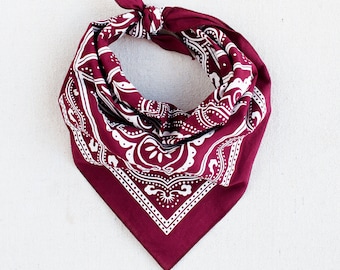 Made in USA Bandana for Women and Men, Wine Colored Scarf, Western Design, 100% Cotton, Chef Gift, Outdoors Gift, Screen Printed