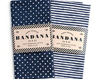 Blue Bandana Set of Two, Dot Print and Striped Print. Hand Screen Printed Present for Him, Bandanas for Women, Gardening Gift