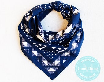 Blue Bandana, Made in USA, Geometric Scarf, Hand Printed, Hiking Gift, Bandanas for Women, Quilt Pattern, Useful Gift for Men